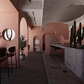 Pink Clothing Store Interior With Archways Round Mirrors Cactus Decor Bar Counter And High Stools
