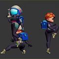 Three Astronaut Characters Running in Spacesuits with Orange Red Blue Helmets on Dark Reflective Ground
