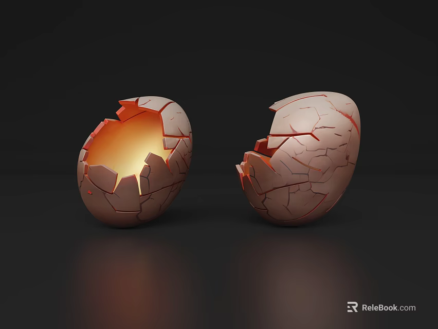 Cracked Egg With Glowing Orange Light Inside Split Shell On Dark Surface 3d model