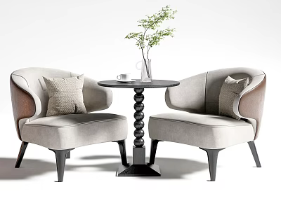 Light Gray Armchairs With Brown Armrests Round Table Spiral Black Legs Green Plant Vase Throw Pillows 3d model