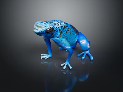 Vibrant Blue Frog With Black Spots And Shiny Skin On Dark Reflective Surface 3d model
