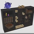 Dark Wooden Bookcase With Purple Spherical Decoration Open Books Scrolls Jars And Drawers