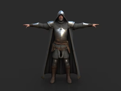 Hooded Man in Medieval Armor with Cloak and Outstretched Arms Standing Pose 3d model