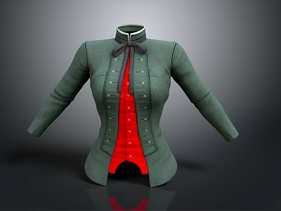 Vintage Green Coat With Red Lining And Black Bow Tie Design 3d model