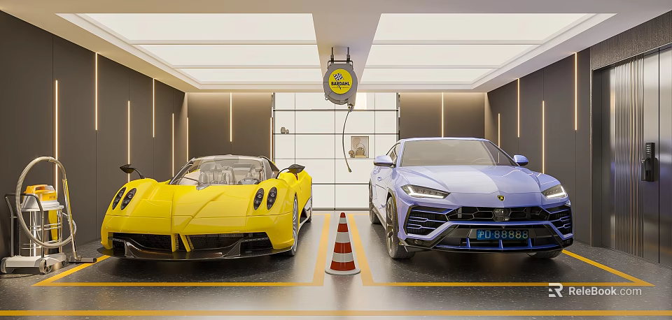 Yellow Sports Car And Blue SUV Parked In Garage With Traffic Cone And Sign 3d model 