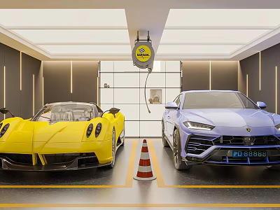 Yellow Sports Car And Blue SUV Parked In Garage With Traffic Cone And Sign 3d model