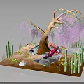 Enchanting Mythical Creature Resting Under Tree With Pink Hanging Branches Bamboo And Lily Pads