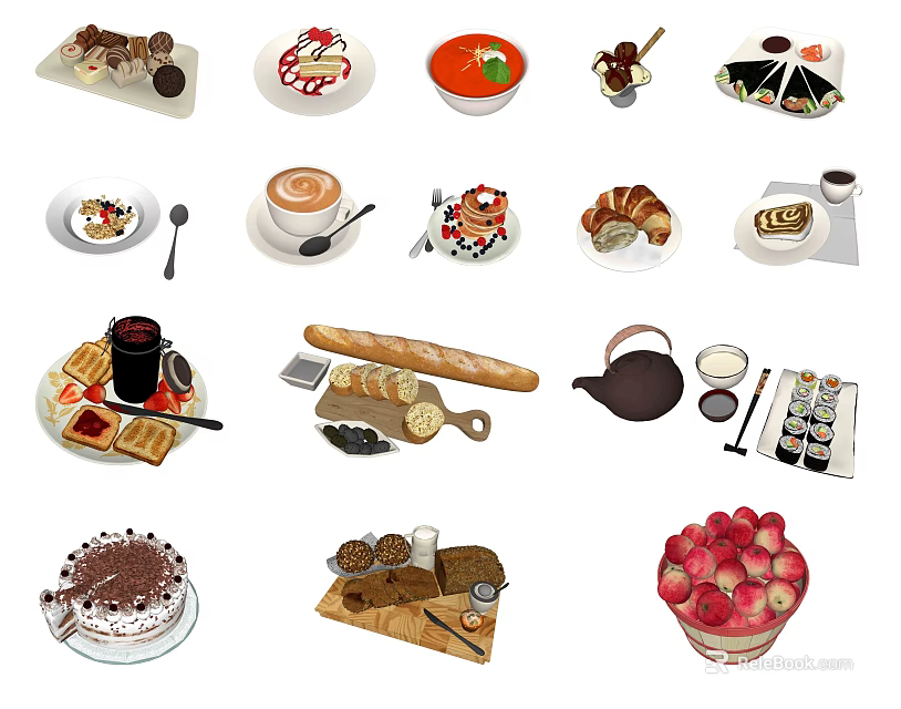 Various Tasty Foods Including Cakes Bread Coffee Fruits Sushi And Cookies 3d model 