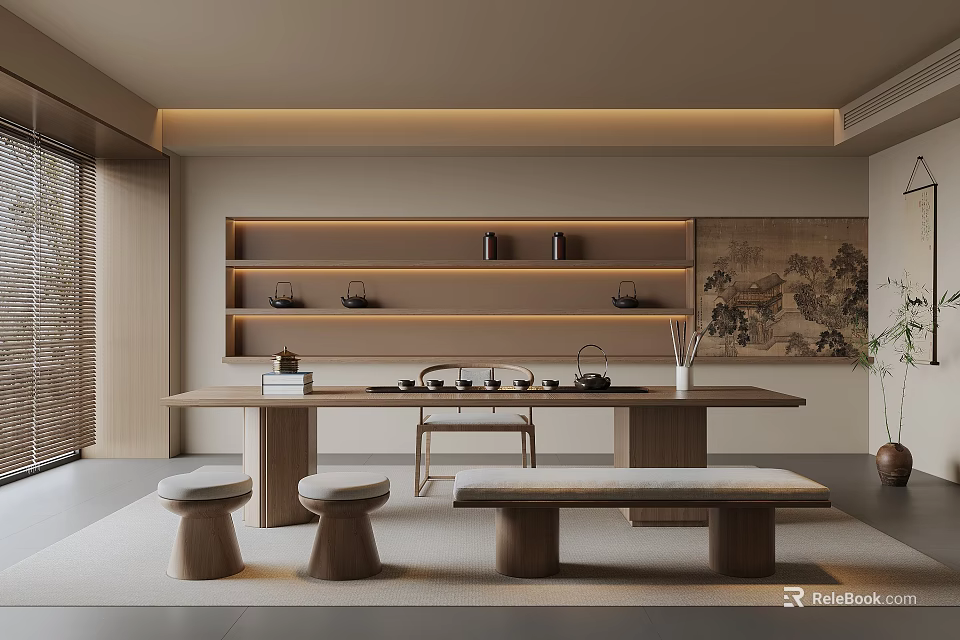 Modern Tea Room Interior With Wooden Table Stools Tea Sets On Shelves Decorative Painting Plants 3d model 