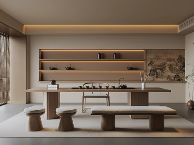 Modern Tea Room Interior With Wooden Table Stools Tea Sets On Shelves Decorative Painting Plants 3d model