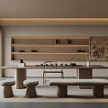 Modern Tea Room Interior With Wooden Table Stools Tea Sets On Shelves Decorative Painting Plants