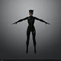 Catwoman In Black Bodysuit With Cat Ear Mask Arms Outstretched Against Gray Background
