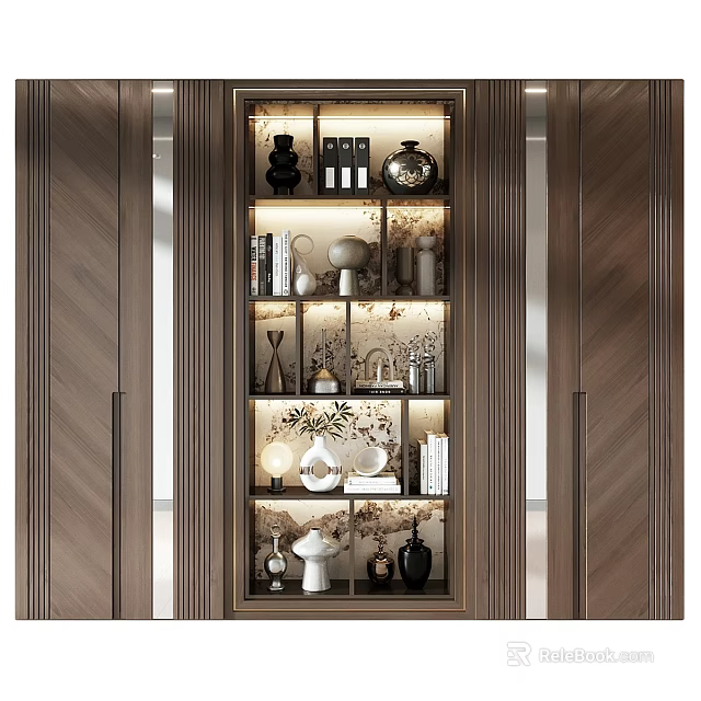 Stylish Modern Wooden Display Cabinet With Multiple Shelves Vases Books And Decorative Sculptures 3d model 