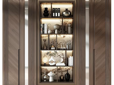 Stylish Modern Wooden Display Cabinet With Multiple Shelves Vases Books And Decorative Sculptures 3d model