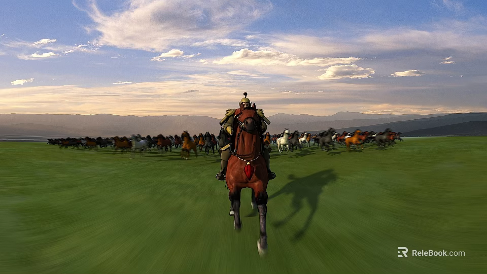 Horseman Riding Brown Horse Leading Galloping Herd Across Green Grassland with Blue Sky and Mountains 3d model 
