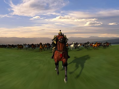 Horseman Riding Brown Horse Leading Galloping Herd Across Green Grassland with Blue Sky and Mountains 3d model