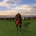 Horseman Riding Brown Horse Leading Galloping Herd Across Green Grassland with Blue Sky and Mountains