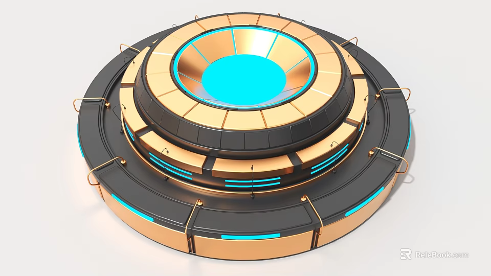 Industrial Equipment With Circular Metallic Rings Blue Central Panel Gold Black Finish And Mechanical Structure 3d model 