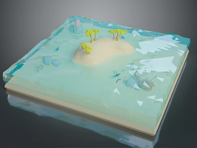 Cartoon Tropical Island Scene With Green Palm Trees Blue Water And Geometric Ice Pieces 3d model
