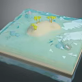 Cartoon Tropical Island Scene With Green Palm Trees Blue Water And Geometric Ice Pieces