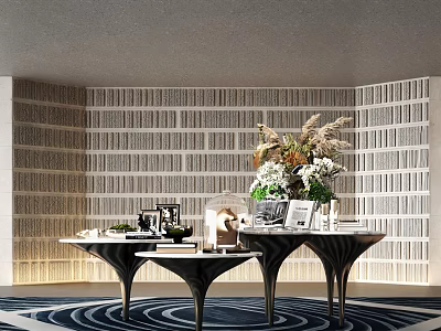 Interior Decorative Ornament Arrangement On Round Tables With Flower Bouquet Photo Frames And Spiral Carpet 3d model