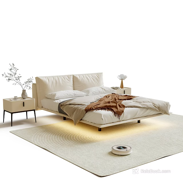 Modern Double Bed Setup With Bedside Tables Lamp Soft Bedding And Area Rug 3d model 