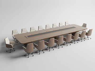 Modern Long Wooden Conference Table With Rolling Office Chairs In Meeting Room 3d model