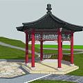 Chinese Traditional Pavilion With Black Sloped Roof Red Pillars And Green Lawn Stone Path