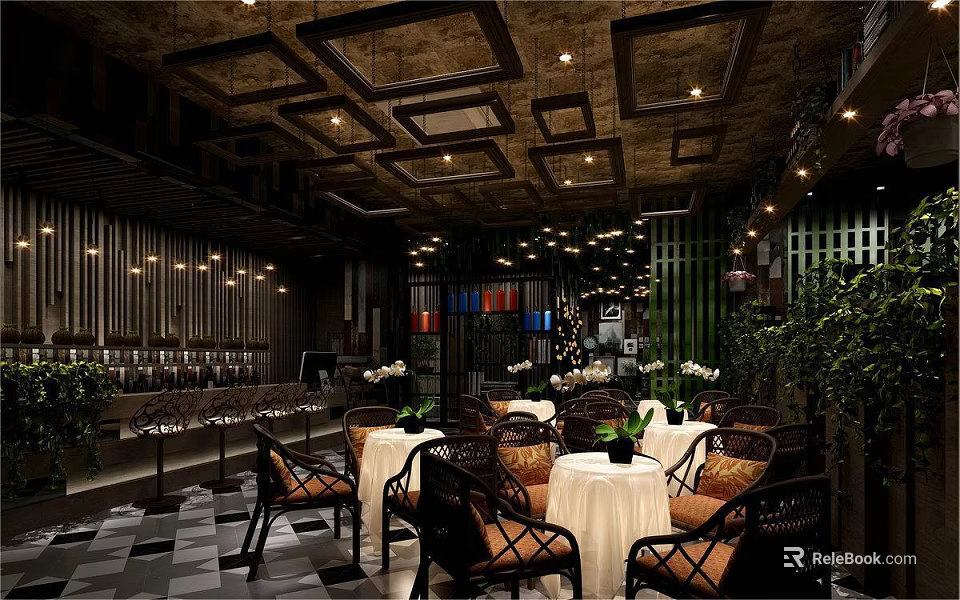 Stylish Retro Bubble Tea Shop Interior With Cozy Seats Lush Greenery And Wooden Ceiling Design 3d model 