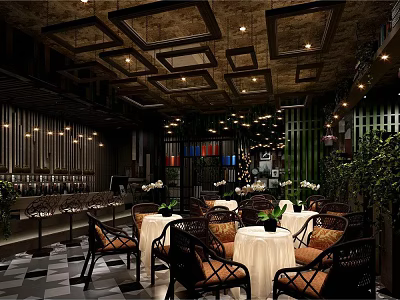 Stylish Retro Bubble Tea Shop Interior With Cozy Seats Lush Greenery And Wooden Ceiling Design 3d model