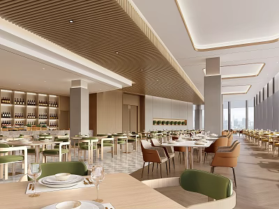 Modern Restaurant Interior With Wooden Tables Green Chairs Wine Racks And Large Windows 3d model