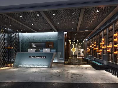 Modern Store Front Desk With Marble Counter Ceiling Lights And Decorative Wall Lighting 3d model