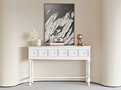 White Console Table With Decorative Vase Books Sculpture And Wall Art On Beige Wall 3d model