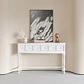 White Console Table With Decorative Vase Books Sculpture And Wall Art On Beige Wall