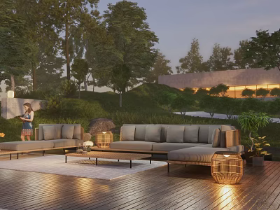 Courtyard Garden With Wooden Deck Outdoor Sofa Lanterns Rug And Building Lights 3d model