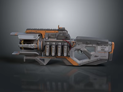 Futuristic Mechanical Weapon With Gray And Orange Structure And Magazine Barrels 3d model