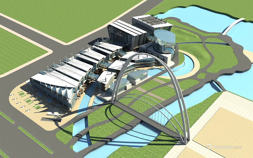 Modern Architectural Complex With Arch Bridge Water Bodies And Green Landscaped Areas 3d model 