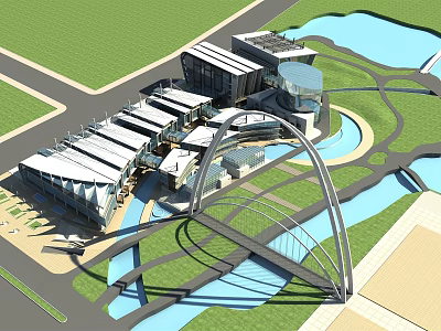 Modern Architectural Complex With Arch Bridge Water Bodies And Green Landscaped Areas 3d model