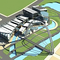 Modern Architectural Complex With Arch Bridge Water Bodies And Green Landscaped Areas