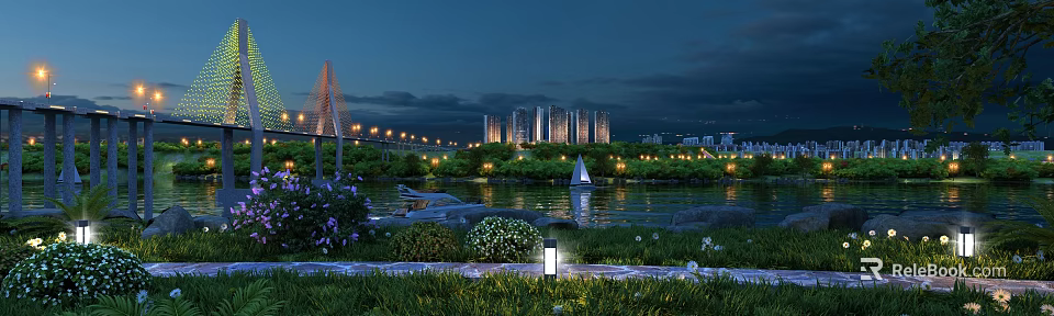 Night River Scenery with Bridge Tall Buildings Sailboat and Street Lamps 3d model 