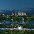 Night River Scenery with Bridge Tall Buildings Sailboat and Street Lamps