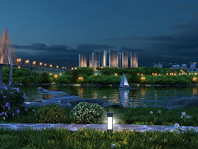 Night River Scenery with Bridge Tall Buildings Sailboat and Street Lamps 3d model