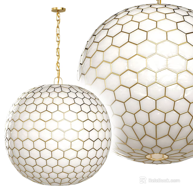 Spherical Chandelier Design With Hexagonal Gold Grid And White Body Hanging By Chain 3d model 