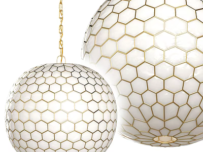 Spherical Chandelier Design With Hexagonal Gold Grid And White Body Hanging By Chain 3d model