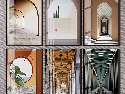 Architectural Design Spaces Featuring Arches Corridors Green Plants And Circular Decor 3d model