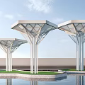 Modern Architectural Structures With Geometric Roofs White Pillars Grass And Water Pool Under Blue Sky 3d model