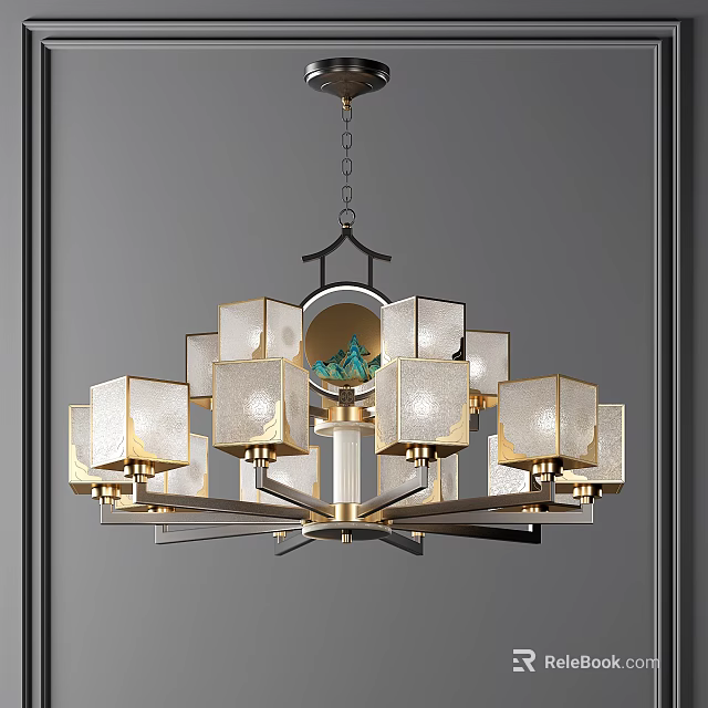 Traditional Chinese Pendant Light with Golden Frame Glass Lampshade and Jade Decoration 3d model 