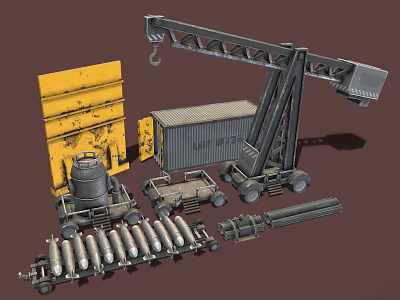 Industrial Equipment Featuring Heavy Duty Crane Yellow Metal Container Pipes And Rollers 3d model