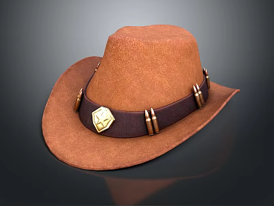 Brown Wide Brim Hat With Dark Leather Band Gold Badge And Metal Accents 3d model