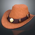 Brown Wide Brim Hat With Dark Leather Band Gold Badge And Metal Accents